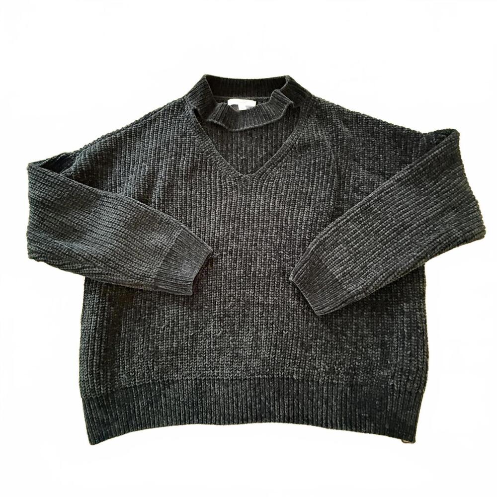 PAPAYA  Wms  M Navy  Chenille Ribbed Cropped Sweater Keyhole Neck Cabin‎ Core